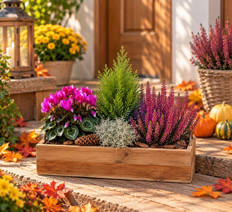 Jardinière en bois avec cyclamens et bruyères